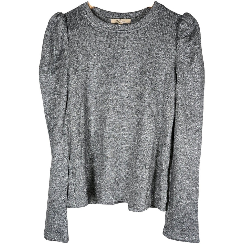 Les Serein Silver Metallic Puff Sleeve Knit Top‎ SN24993KTN Medium NEW